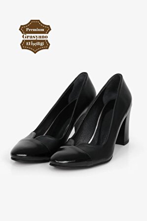 Hakiki Deri Siyah Ruganlı Yumuşak 1. Sınıf Deri Comfort 7,5 Cm Kalın Klasik Topuklu Ayakkabı