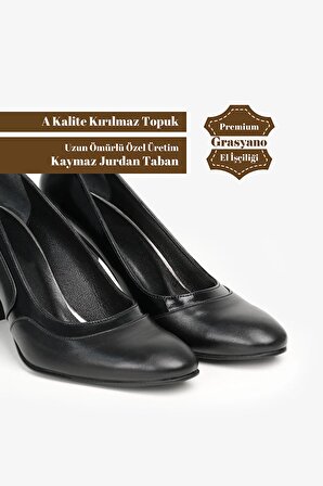 Hakiki Deri Siyah Rugan Detaylı 1. Sınıf Deri Comfort 7,5 Cm Kalın Klasik Topuklu Ayakkabı