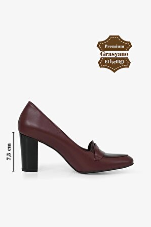 Hakiki Deri Bordo Kolej Yumuşak Premium Hakiki Deriden Kırılmaz 7,5 Cm Kalın Topuklu Klasik Ayakkabı