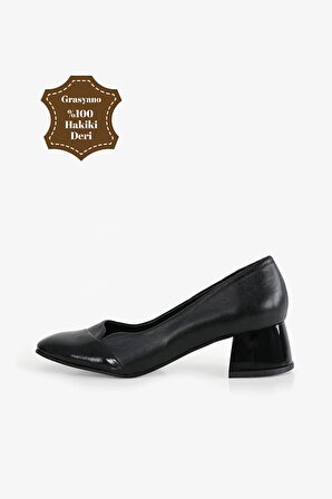 Hakiki Deri Siyah Rugan Eklemeli 1. Kalite Yumuşak Deriden Konforlu Butik Kalın Topuklu Ayakkabı
