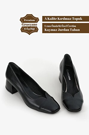 Hakiki Deri Siyah Burnu Rugan 1. Kalite Yumuşak Deriden Butik Tarz Kalın Topuklu Rahat Ayakkabı