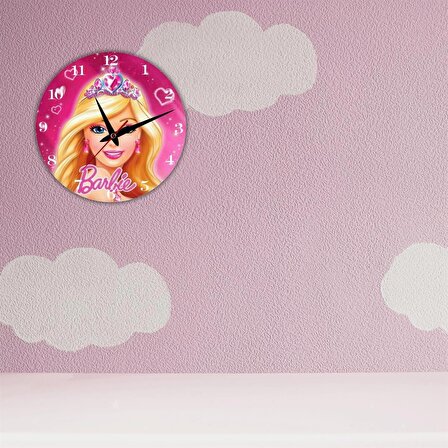 Kız Çocuk Odası İçin Barbie Bebek Temalı Cam Duvar Saati