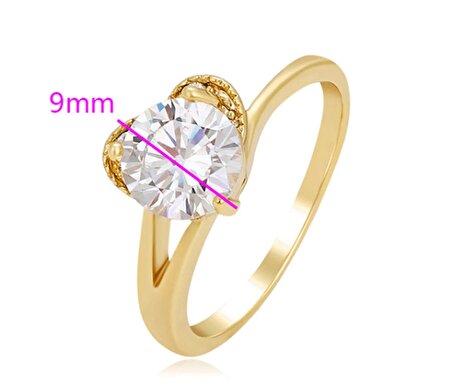 GiftWorld Zirkon Taşlı Kalp Tektaş Yüzük / 14K Gold Renk Vip Seri