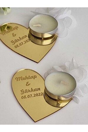 10 Adet Mumlu Kalp (Altın Aynalı Pleksi) - Söz-Nişan-Düğün-Eğlence-Özel Gün Masaüstü Süsü