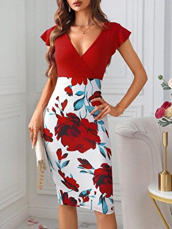 Kadın Kısa Kollu üstü Kırmızı Viskon Altı çiçek Baskılı Dalgıç Midi Elbise