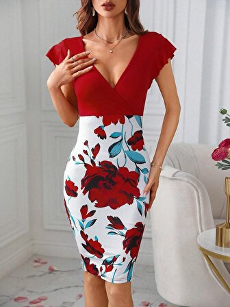 Kadın Kısa Kollu üstü Kırmızı Viskon Altı çiçek Baskılı Dalgıç Midi Elbise