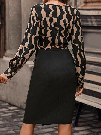 Kadın Uzun Kollu Kruvaze Yaka Dijital Baskılı Fiyonk Detay Dalgıç Kumaş Elbise