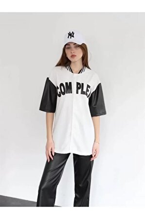 Complex Kolları Deri Kolej Oversize T-shirt - Beyaz