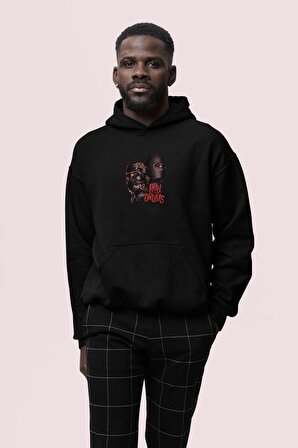 Gang Baskılı Siyah Erkek Kapüşonlu 3 iplik Şardonlu Ribanalı Sweatshirt Hoodie