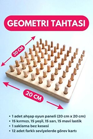 Ahşap Montessori Geometri Tahtası - Lastik Geçirme Eğitici Tak Çıkar Oyuncak- Geoboard
