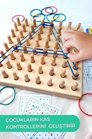 Ahşap Montessori Geometri Tahtası - Lastik Geçirme Eğitici Tak Çıkar Oyuncak- Geoboard