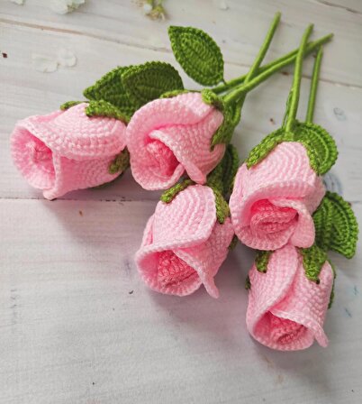 Amigurumi Örgü Gonca Pembe Gül Çiçek Buketi Sevgiliye Hediye (14 Şubat Sevgililer Günü)