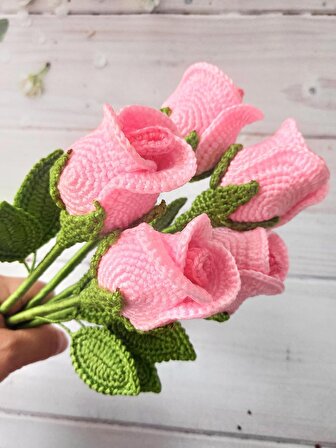 Amigurumi Örgü Gonca Pembe Gül Çiçek Buketi Sevgiliye Hediye (14 Şubat Sevgililer Günü)