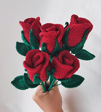 Amigurumi Örgü Gonca Pembe Kırmızı Gül Çiçek Buketi Sevgiliye Hediye (14 Şubat Sevgililer Günü)