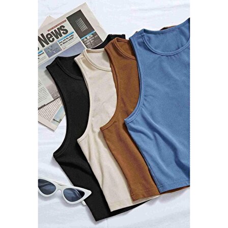 4lü Paket 4 Renk Takım Kadın Kolsuz Örme Kumaş Bluz Crop Çok Renkli