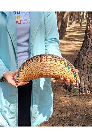 Şık Tasarımlı Fethiye Model Hasır Yuvarlak Rattan Çanta Büyük Boy Boncuk Detaylı Içi Kumaş