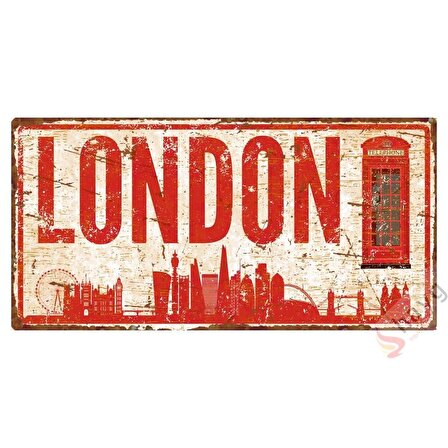 Pas Görünümlü Dekoratif Alüminyum Şehir Tabelası - Londra Silüeti ve Telefon Kulübesi - 10cm x 20cm