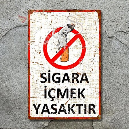 Hasta Karikatürlü Sigara İçmek Yasaktır Alüminyum Uyarı Levhası - Pas Görünümlü Dekoratif Metal Tabela - 15cm x 22,5cm