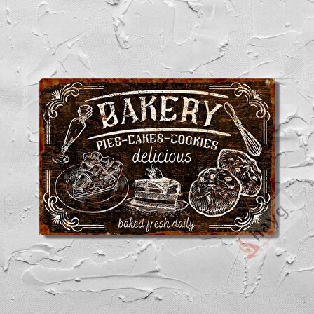 Dekoratif Pas Görünümlü Mutfak Levhası - Cafe And Bakery Retro Alüminyum Duvar Tabelası - Siyah - 15cm x 22,5cm