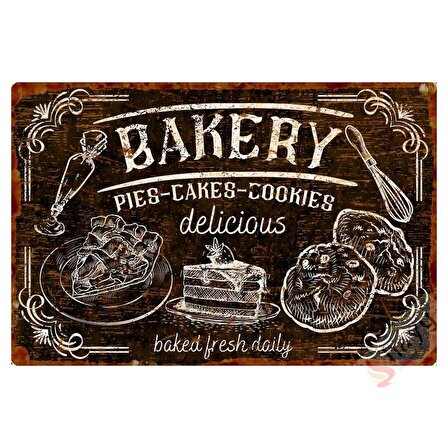 Dekoratif Pas Görünümlü Mutfak Levhası - Cafe And Bakery Retro Alüminyum Duvar Tabelası - Siyah - 20cm x 30cm