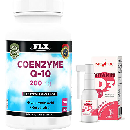 FLX Coenzyme Koenzim Q-10 200 Mg Hyaluronik Asit Resveratrol 180 Tablet   Nevfix Vitamin D3 Sıvı Sprey