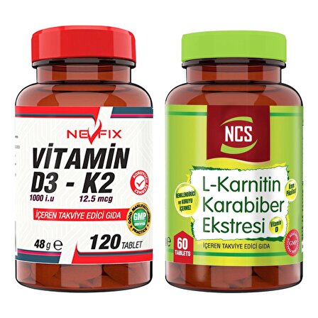 Nevfix Vitamin D3-K2 120 Tablet   L-Carnitine Karabiber Extreli 60 Tablet