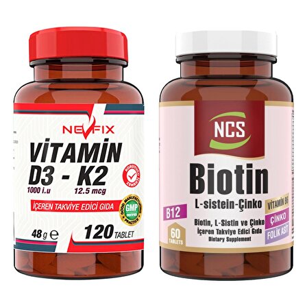 Nevfix Ncs Biotin L Sistein Çinko 60 Tablet   Nevfix Vitamin D3-K2 120 Tablet
