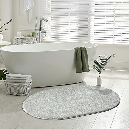 Eurobano Home – Beyaz Kaymaz Taban Yıkanabilir Işıltılı Oval Halı Banyo Halısı