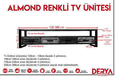 Deryawood Almond Doğal Ahşap Renkli Çekmeceli Tv Ünitesi -120 x 45 x 55  cm -Ceviz Renk