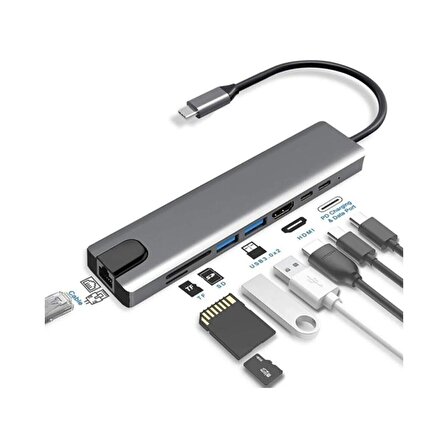 Macbook Pro Air USB Type-C Hub Dönüştürücü Çevirici Çoklayıcı USB Hdmı Micro Sd 8 Girişli RJ8I1NEW 8 In