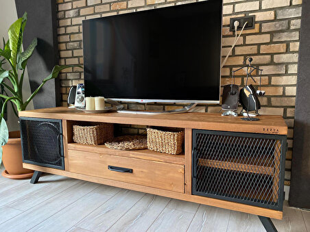 Deryawood Style Masif Ahşap Demir Kapaklı Tv Ünitesi -Açık Ceviz RENK-180X43X55 cm
