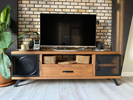 Deryawood Style Masif Ahşap Demir Kapaklı Tv Ünitesi -Açık Ceviz RENK-180X43X55 cm