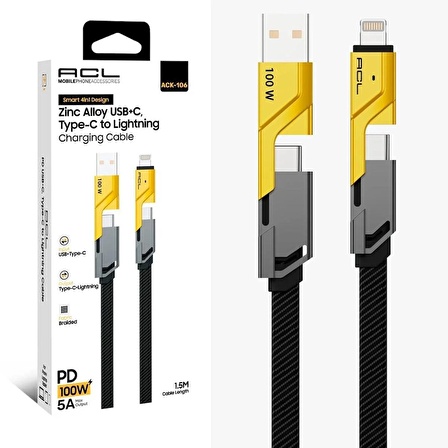 4 In 1 Usb+C Type C To Lightning Şarj Kablosu, Metal Başlık Sağlam Kopmaz Kablo 100 W Pd Hızlı Şarj Ios Typec USB