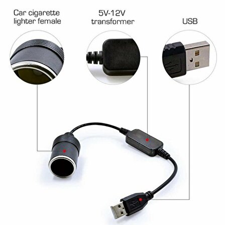USB 5 V için 12 V Araba Çakmak Dişi Soket Güç Kablosu USB Çakmak