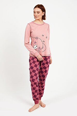 Roly Poly 2981 Bear Pembe Kadın Uzun Kol Pijama Takım