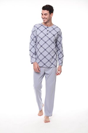 Pijadore 1407 Erkek  Uzun Kollu Kareli Düğmeli Pijama Takım