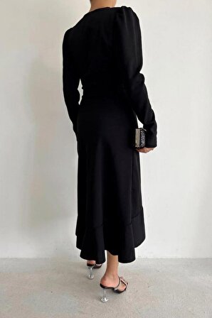 Krep Kumaş Midi Boy Kuşaklı Uzunkol Elbise 113 Cm