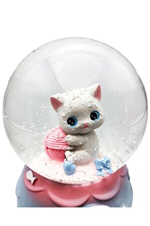 Sevimli Yumak Kedi Tasarımlı Kar Küresi Hediyelik Kedi Kar Küresi Işıklı Müzik 
