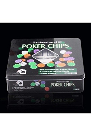 Profesyonel Poker Seti Metal Kutulu Rakamlı Sayılı 2 Adet Iskambil Poker Çipi 100 Çipli Oyun Fişli