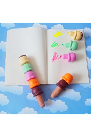 Çocuklar Için Eğlenceli Renkli Dondurma Görünümlü Fosforlu Kalem 5 Renkli Külah Kalem