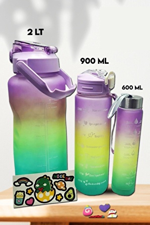 3ü 1 Arada 2 lt+900 ml+600 ml 3 lü Set Su Matarası Şişesi Suluk 2 lt+900 ml+600 ml + Stickerlı