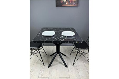 Roma Siyah Mermer Mutfak Yemek Masası Balkon Masası Kavisli Köşe Metal Siyah Ayak 80 cm