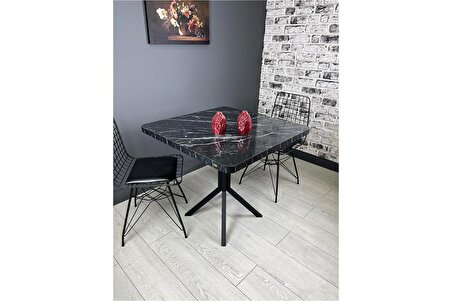 Roma Siyah Mermer Mutfak Yemek Masası Balkon Masası Kavisli Köşe Metal Siyah Ayak 80 cm