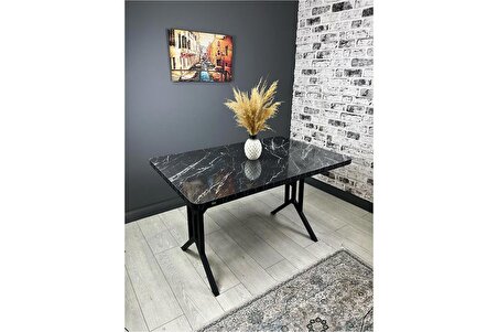Sultan Siyah Mermer Mutfak Yemek Masası Balkon Masası Kavisli Köşe Metal Siyah Ayak 120*80 Cm