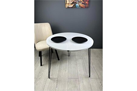 Relax Beyaz Yuvarlak Mutfak Masası Yemek Masası Metal Siyah Ayak 80 Cm