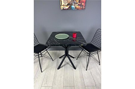 Tepe Siyah Mermer Mutfak Yemek Masası Balkon Masası Kavisli Köşe Siyah Ayak 70 cm