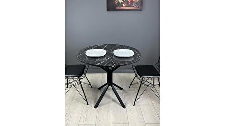 Saray Siyahmermer Yuvarlak Mutfak Masası Yemek Masa Balkon Masa Fiskos Masa Metal Siyah Ayak 80 Cm