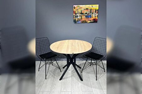 Selin Sonoma Yuvarlak Mutfak Masası Yemek Masası Balkon Masası Metal Siyah Ayak 90 Cm
