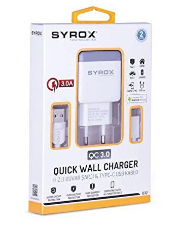 Syrox Reeder P13 Blue Uyumlu Type-C Girişli 3.0 Amper Adaptör+Kablo Şarj Aleti Seti _Q32