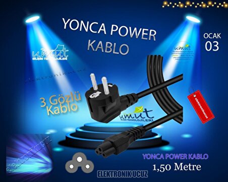 Laptop Adaptörü Şarj Elektrik Kablosu 3'lü - Yonca Power Kablosu - Güç Aktarım ve İletim Kablosu 